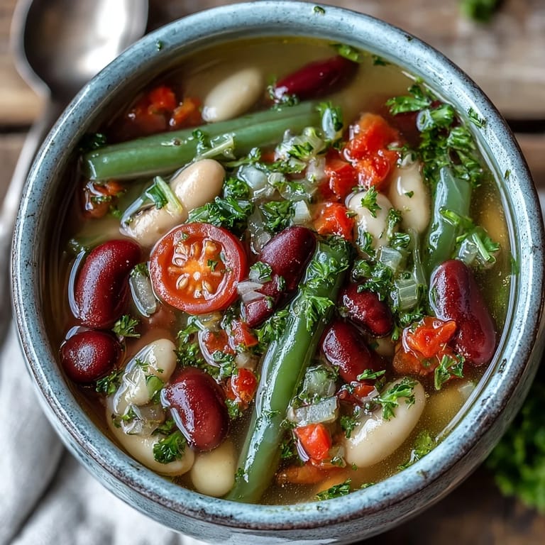 Close-up of Three-Bean Salad Soup in a rustic bowl, topped with halved cherry tomatoes and chopped red onion garnish.