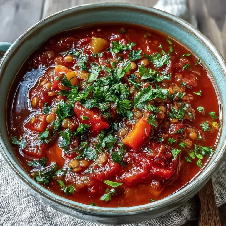 Close-up of vibrant Tomato Lentil Soup showing tender lentils and diced vegetables in a rich broth.