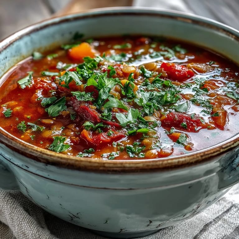 Cozy bowl of homemade Tomato Lentil Soup served with crusty bread, ready to enjoy.