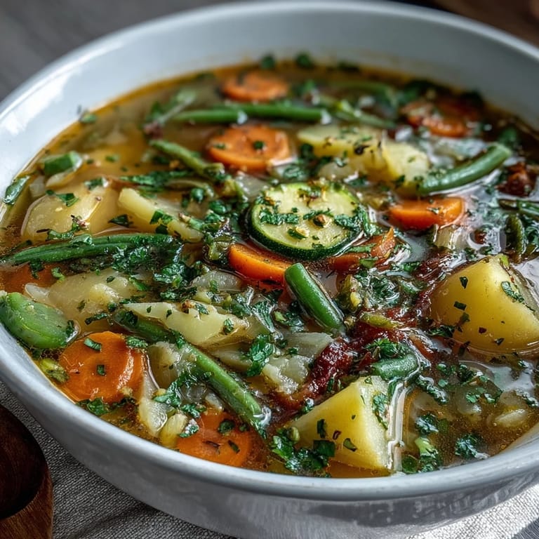 Hearty Potato and Vegetable Soup simmering in a pot with carrots, celery, and green beans visible.