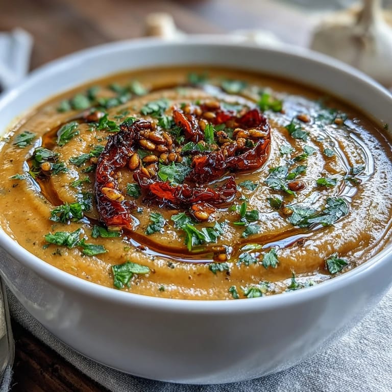 A spoon dips into creamy Roasted Vegetable Soup, featuring blended carrots, sweet potato, and red pepper on a cozy linen setting.
