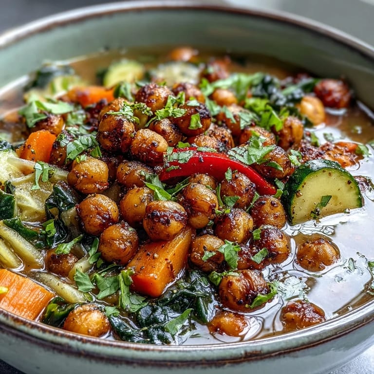 A close-up bowl of Spiced Chickpea and Vegetable Soup showcases tender kale and cumin-scented steam rising from the rich broth.
