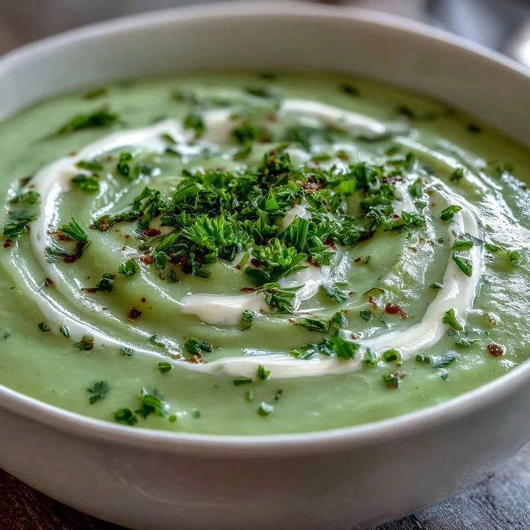 Close-up of creamy celery and herb soup with vibrant green herbs, ready to be served with crusty artisan bread.