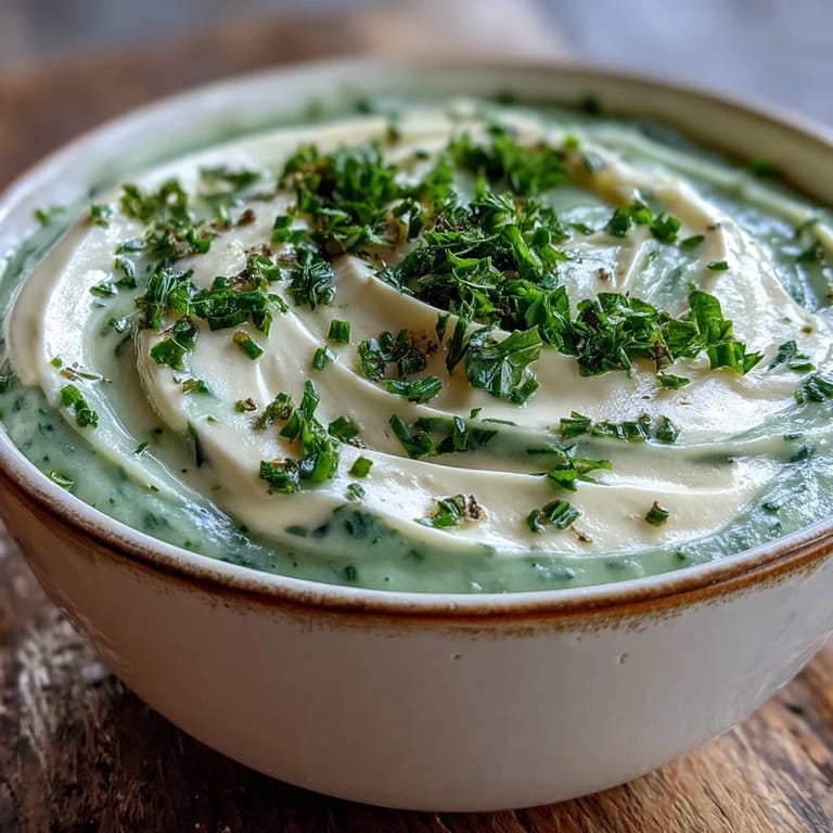 Smooth, velvety celery and herb soup swirled with cream, steaming in a white bowl on a rustic wooden table.