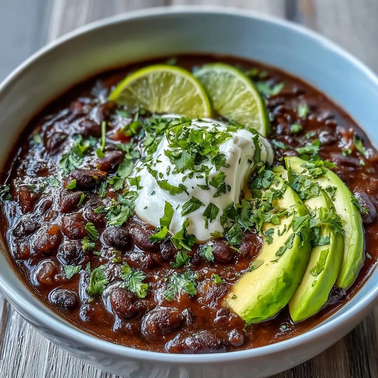 Black Bean Soup served hot with sour cream, diced red onion, and tortilla chips on the side.