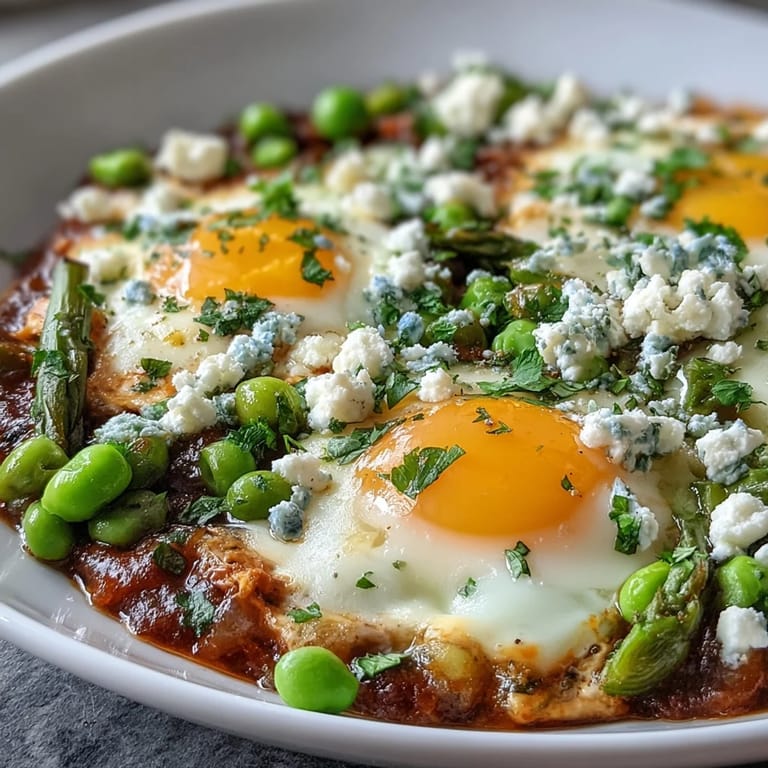 Spring vegetable Shakshuka served with crusty bread, feta, and fresh parsley on a rustic table setting.