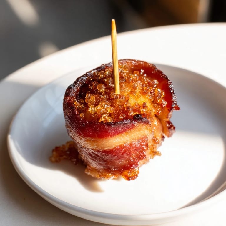 Close-up of baked bacon-wrapped smokies, showing the delicious smoky flavor and crunchy texture.