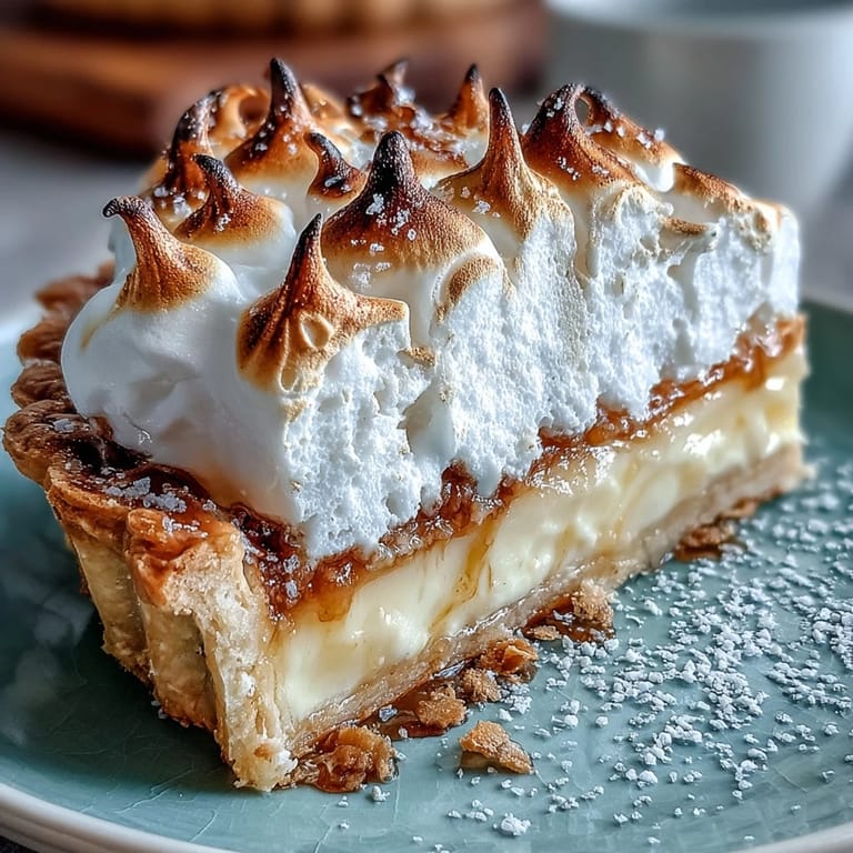 A slice of Lemon Meringue Pie on a dessert plate showing the crisp pastry crust, tangy lemon curd, and fluffy meringue topping, garnished with lemon zest.