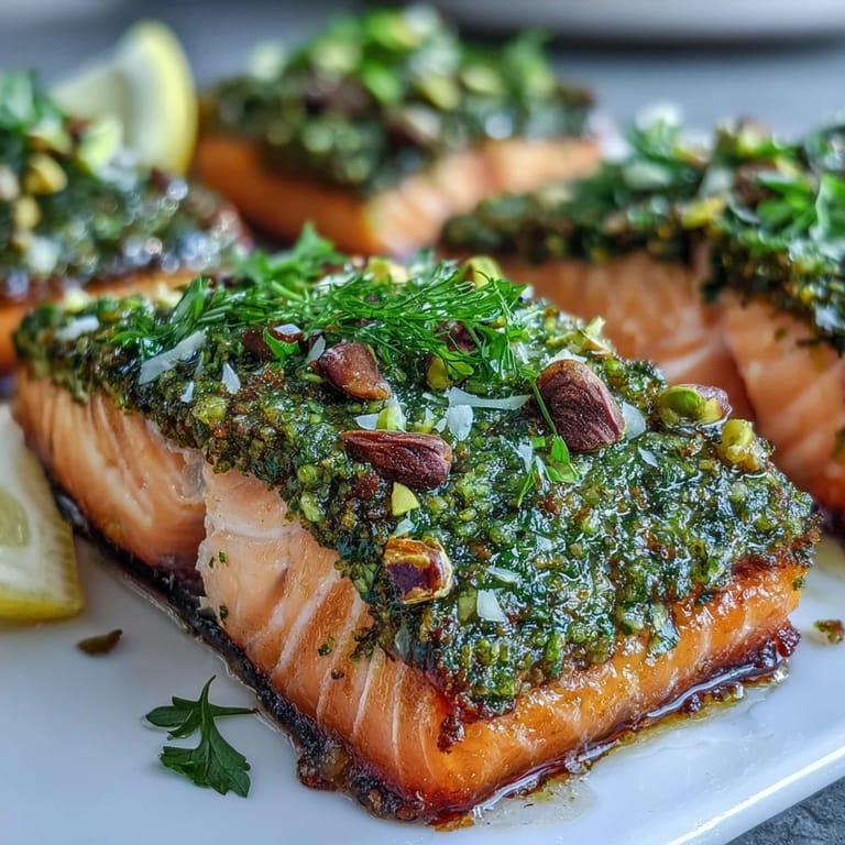 Savory confit salmon with tahini and pistachio crust, garnished with lemon and herbs.