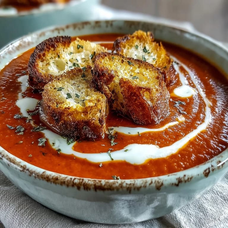 A close-up of creamy roasted red pepper soup with crispy croutons, ready to serve as an easy weeknight meal for four.