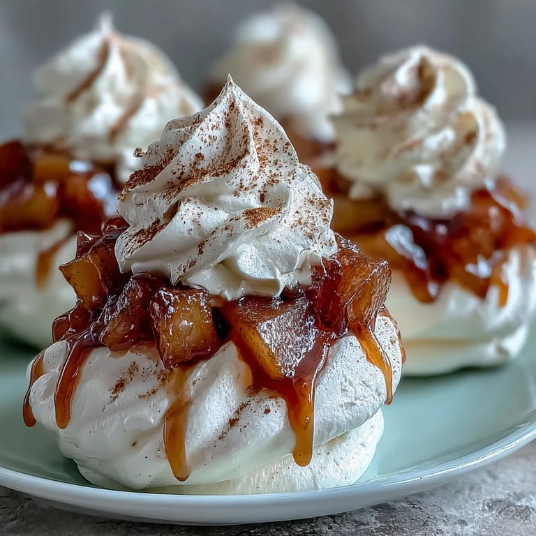 Elegant mini hot toddy pavlovas feature crunchy meringue nests and warm whisky-soaked pear topping.