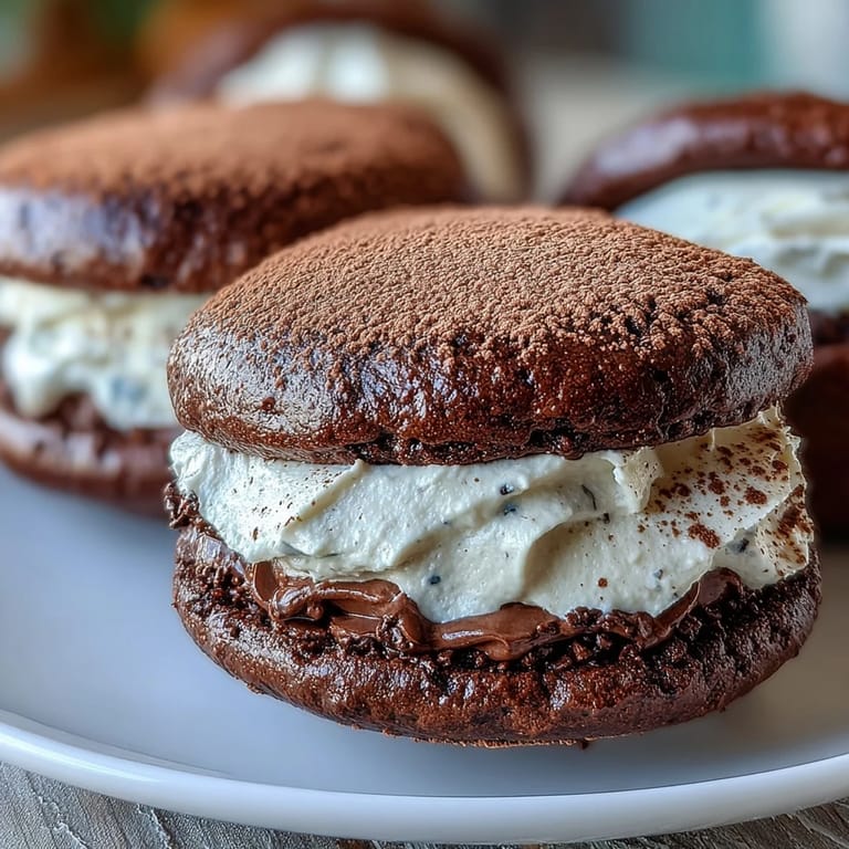 A close-up of Tiramisu Whoopie Pies reveals the luscious espresso cream between dark, cake-like chocolate rounds.