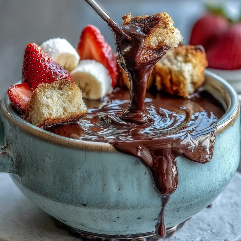 Decadent Boozy Chocolate Fondue bubbling gently, with fondue skewers holding bananas and strawberries ready for a dessert party platter.