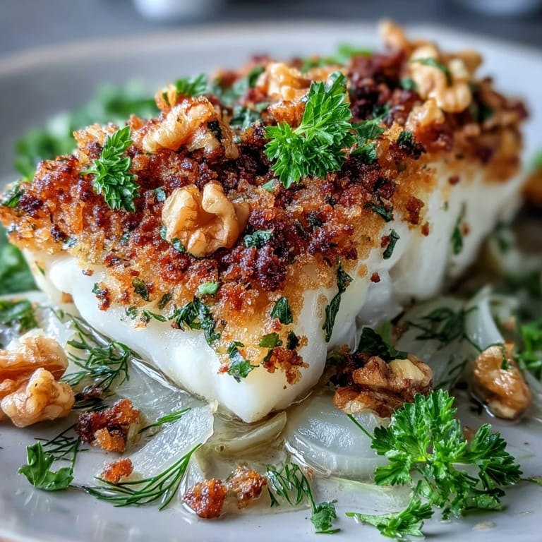 Tender halibut with crisp walnut pangrattato and roasted fennel, served alongside steamed baby potatoes.