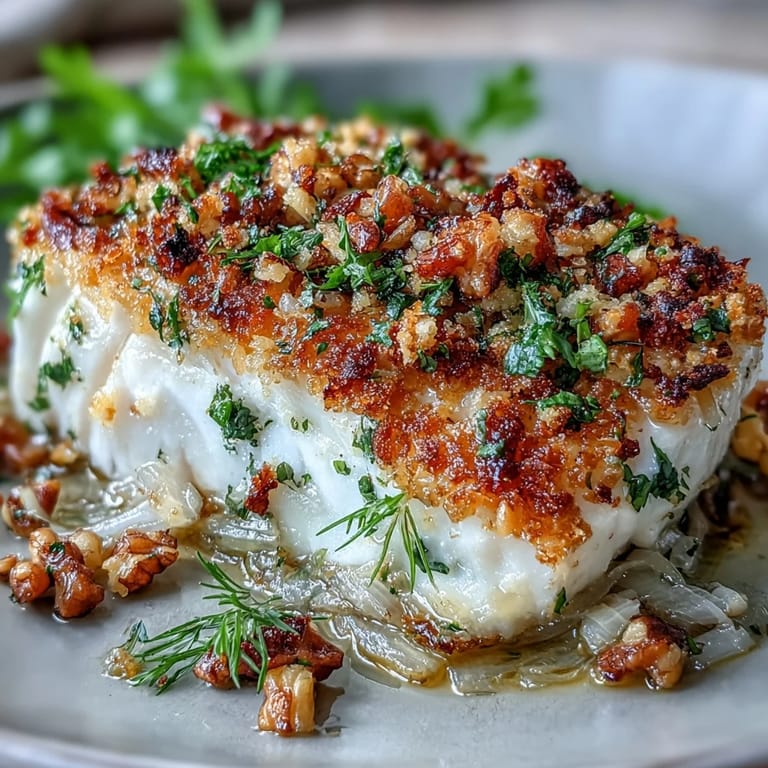 Baked Halibut with fennel, lemon, and walnut pangrattato on a white plate, perfect for weeknight dinners.