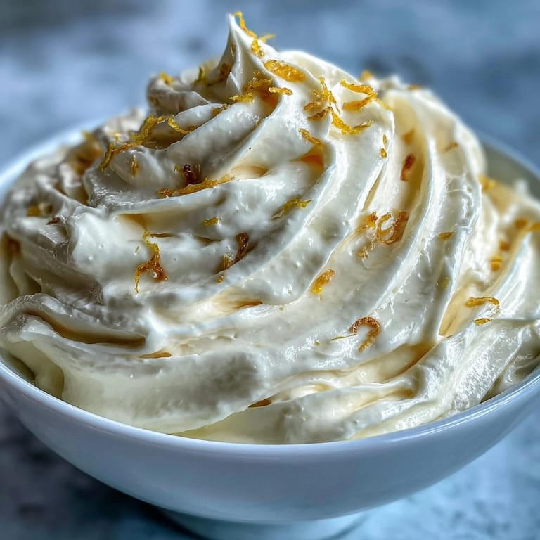 Silky lemon fool dessert topped with a dusting of powdered sugar and a twist of fresh lemon zest.