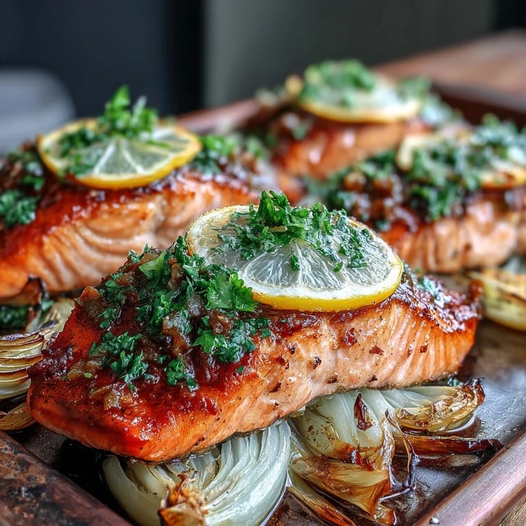 Gluten-free One-Pan Roast Salmon With Leeks, Onions, and Parsley Dressing plated with tender vegetables and a zesty, bright green drizzle.