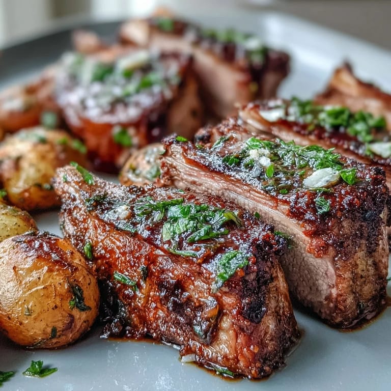 One-Pan Roast Rack of Lamb and Green Olive Potatoes rests beside lemon-parsley potatoes on a rustic tray.  