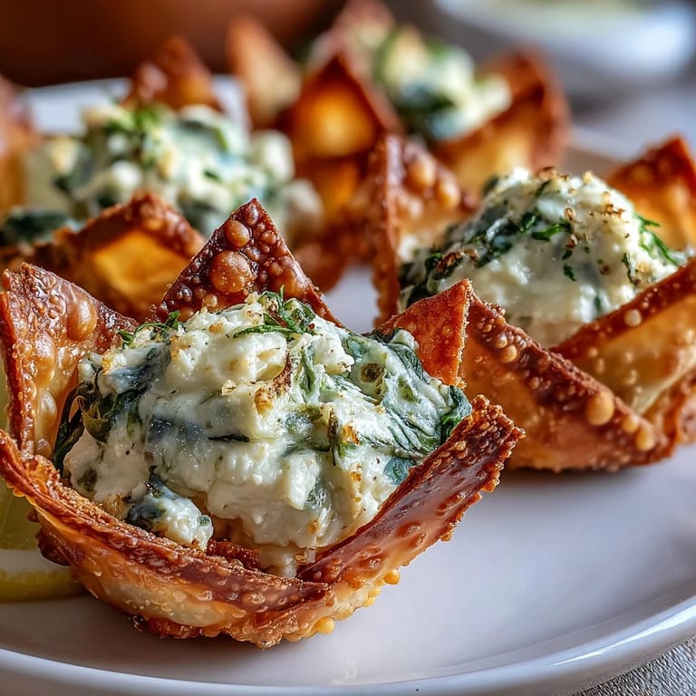 Feta cheese and wilted spinach bubbling inside crispy wonton cups, garnished with fresh parsley and lemon zest.