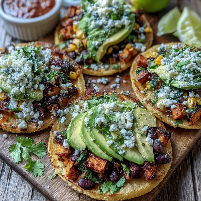 Creamy avocado slices and crumbled feta cheese garnish Black Bean and Sweet Potato Tostadas.