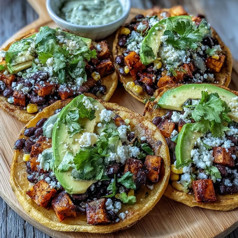 Spiced roasted sweet potatoes mound on corn tostada shells with black beans and fresh cilantro.