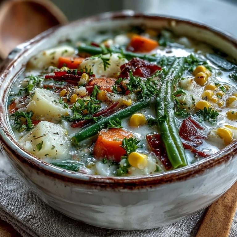 Hearty Amish Snow Day Soup simmering with carrots, potatoes, and green beans in a creamy thyme broth.