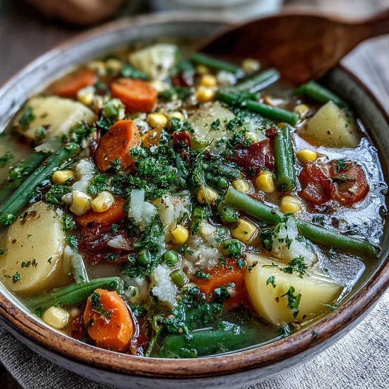 A warm bowl of Amish Snow Day Soup topped with fresh parsley, served beside crusty bread.