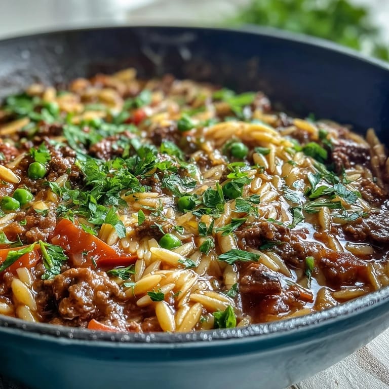 Hot Comforting Ground Beef Orzo Dinner steaming with tomato broth and fresh parsley garnish.