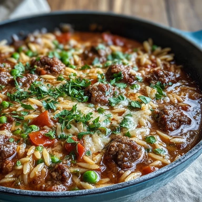 Spoon serving Comforting Ground Beef Orzo Dinner onto a plate, topped with grated Parmesan.