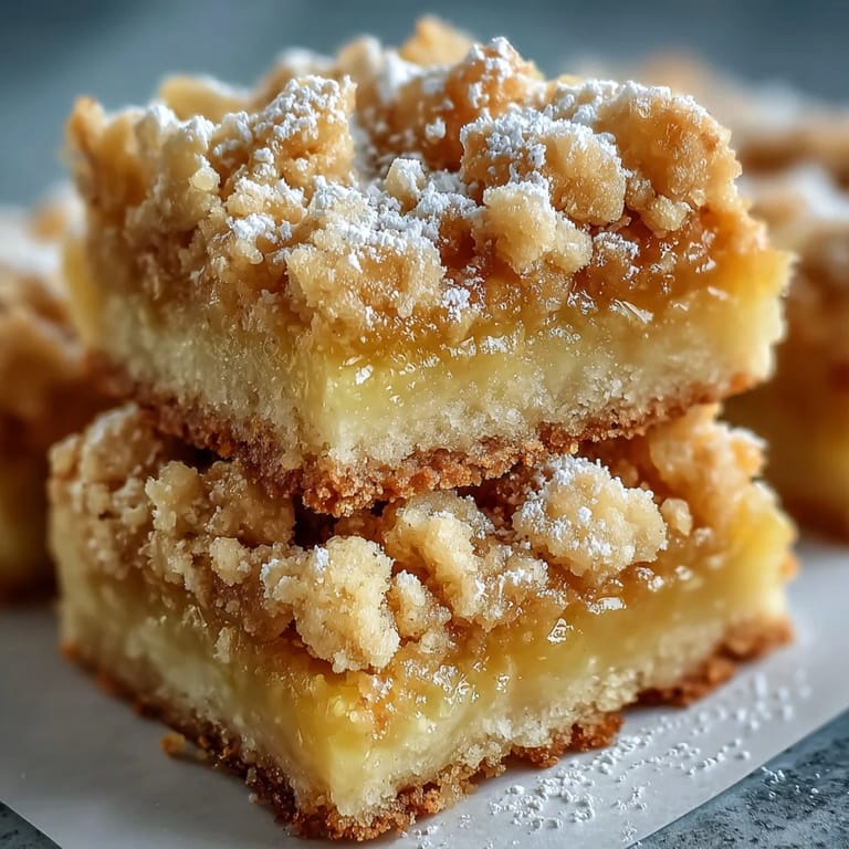 Sweet-tart Homemade Lemon Crumb Bars are sliced and served on a plate beside a glass of iced tea.