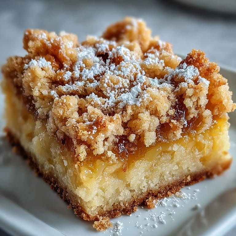 A close-up reveals the bright yellow lemon filling and buttery crumb layers of these Homemade Lemon Crumb Bars.