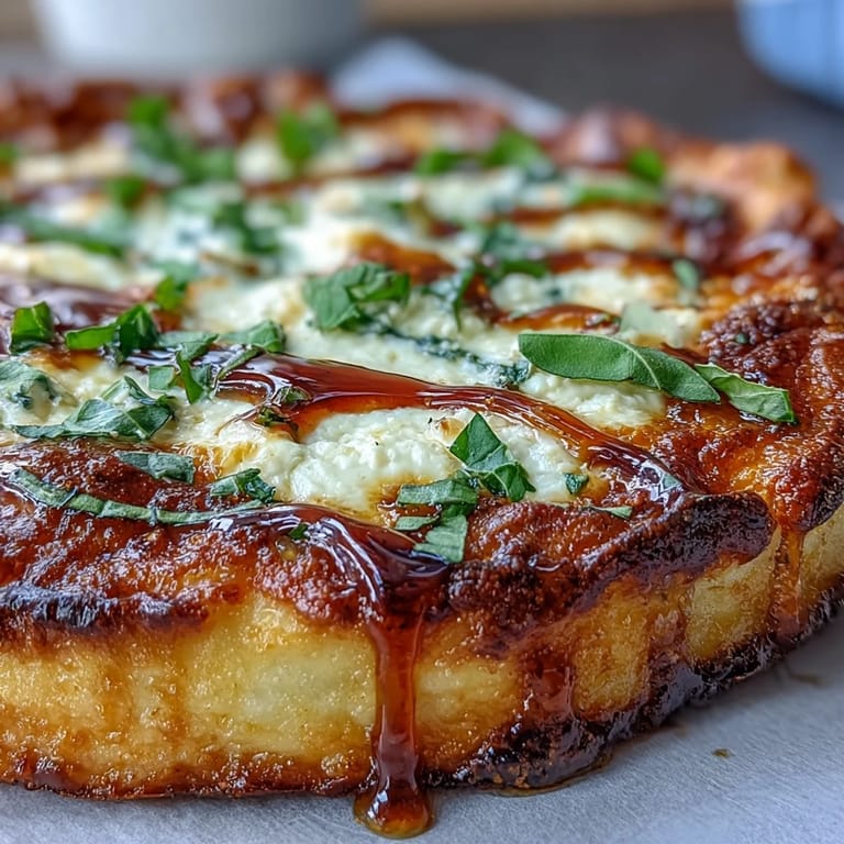 Close-up of Hot Honey Ricotta Pizza showing creamy ricotta base, melted mozzarella, and a golden-brown crust on a baking stone.
