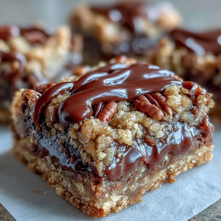 Close-up of Decadent Sweet and Chewy Turtle Bars showing rich chocolate pooling in the crevices and a drizzle of caramel.