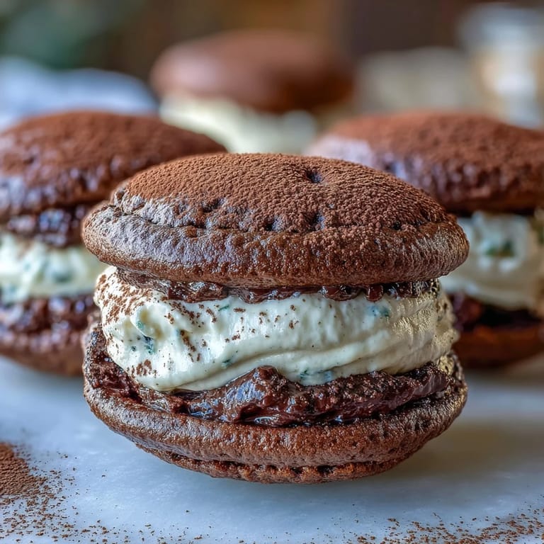 Two Tiramisu Whoopie Pies are stacked on a plate, ready to serve after a 30-minute chill.