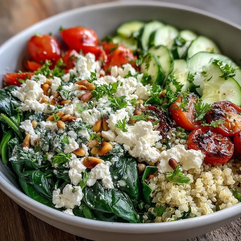 Appetizing Spinach and Feta Grain Bowl served in a ceramic dish, showcasing fresh cucumbers and red onion slices.