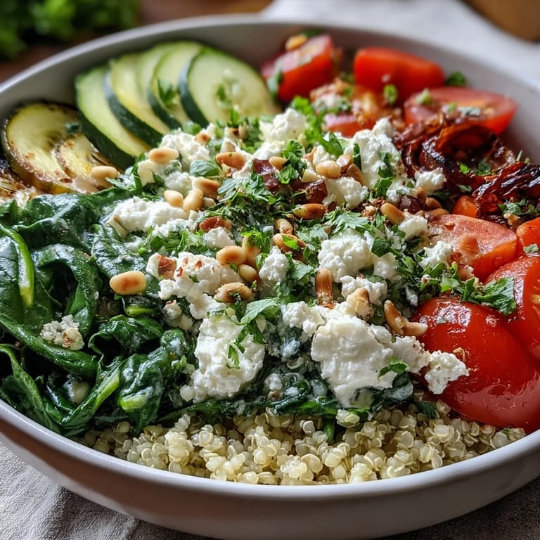 Close-up of a freshly prepared Spinach and Feta Grain Bowl featuring sautéed spinach, cherry tomatoes, and a lemony dressing.