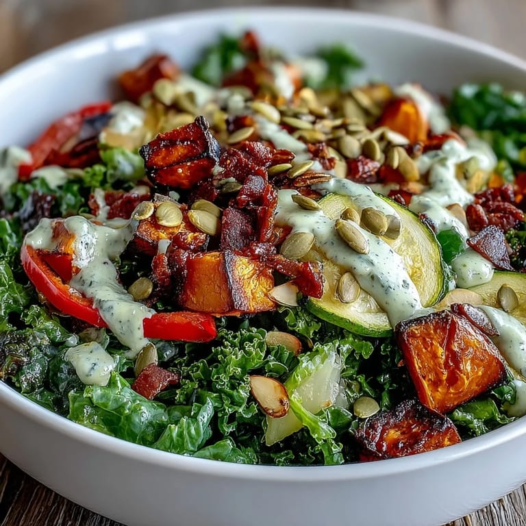 Dressed Kale Salad Bowl with tender greens, bright cherry tomatoes, and a drizzle of tahini, ready to serve.