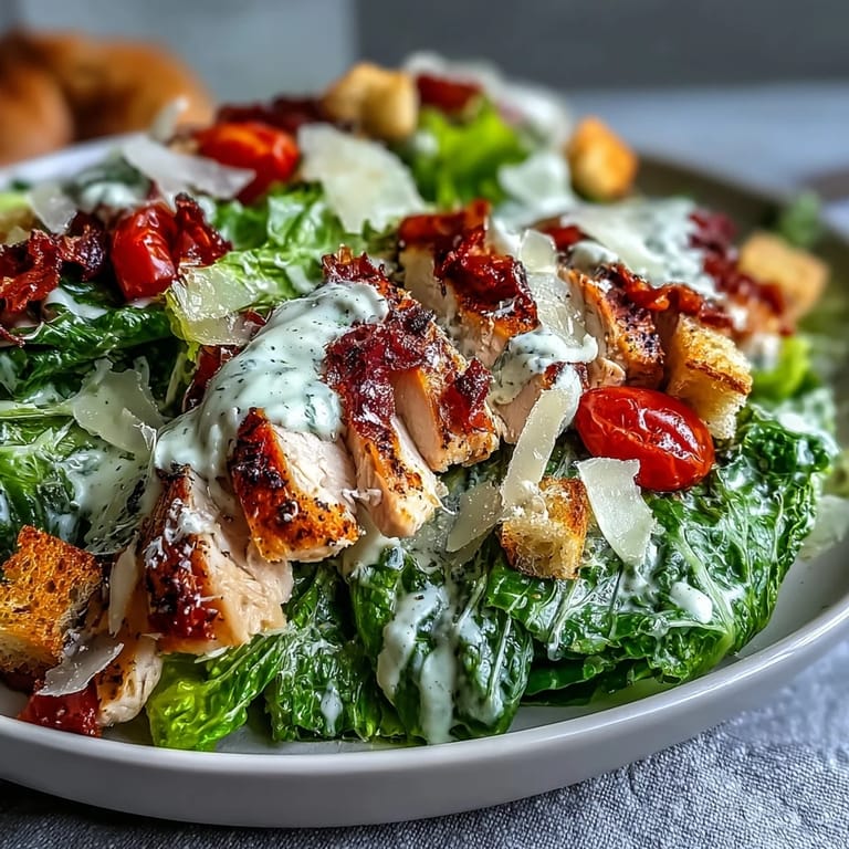 A plated Romaine Caesar Bowl with golden croutons, juicy shrimp, and a lemony Caesar dressing garnish.