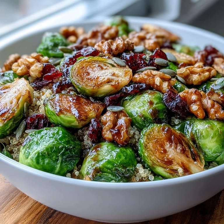 Vibrant roasted Brussels sprouts and red onion nestled in a warm grain bowl, finished with pumpkin seeds and balsamic glaze.
