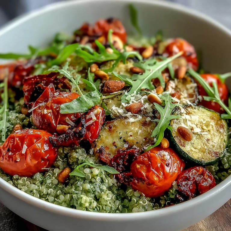 Colorful roasted cherry tomatoes and zucchini over quinoa, topped with peppery arugula pesto for a healthy vegetarian Arugula Pesto Bowl.