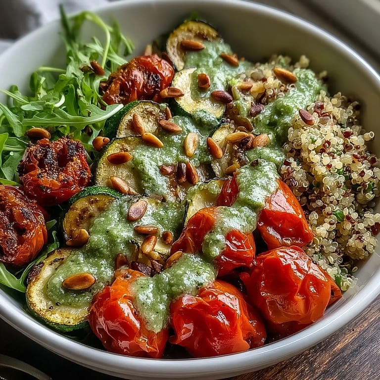 A warm Arugula Pesto Bowl with golden roasted red bell pepper, zesty lemon notes, and crunchy toasted pine nuts for texture.