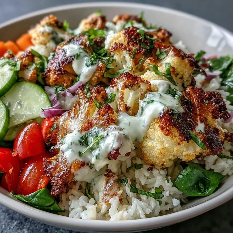 A finished Roasted Cauliflower Bowl features golden cauliflower florets, steamed rice, and fresh veggies drizzled with a zesty tahini sauce.