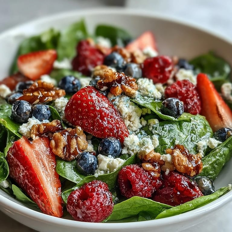 Close-up of a Spinach and Berry Salad Bowl featuring juicy strawberries and blueberries, crumbled goat cheese, and sliced red onion on tender spinach leaves.