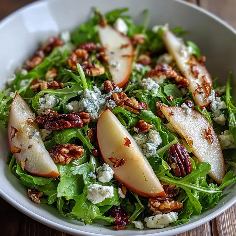Vibrant Arugula and Pear Bowl with golden pear wedges, crumbled cheese, and chopped pecans on peppery greens.