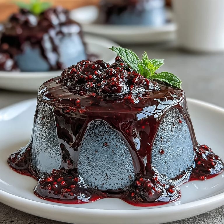 A small glass jar of homemade Black Currant Sauce sitting beside a scoop of vanilla ice cream and fresh berries.
