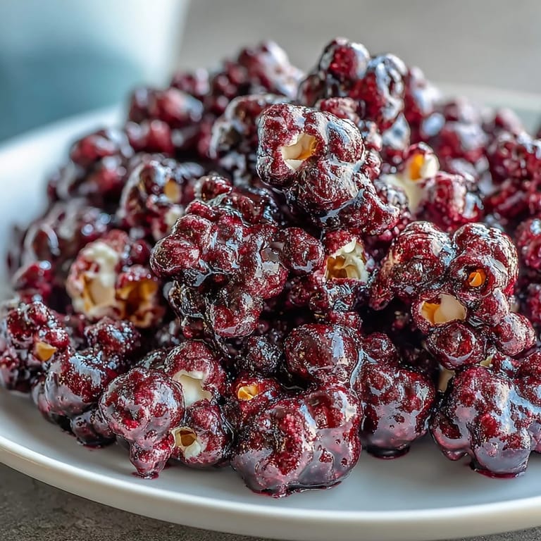 Sweet and tangy Black Currant Cheesecake Kettle Corn spilling from a serving bowl onto a wooden table. 