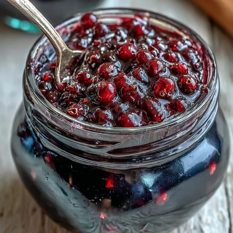 Freshly jarred Homemade Black Currant Jam glowing by a window, spoon ready for toast or yogurt.