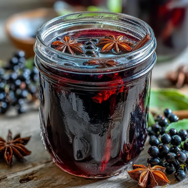 A jar of Homemade Spiced Blackcurrant Vodka Liqueur, rich and purple, featuring whole spices and vodka for an aromatic gift.