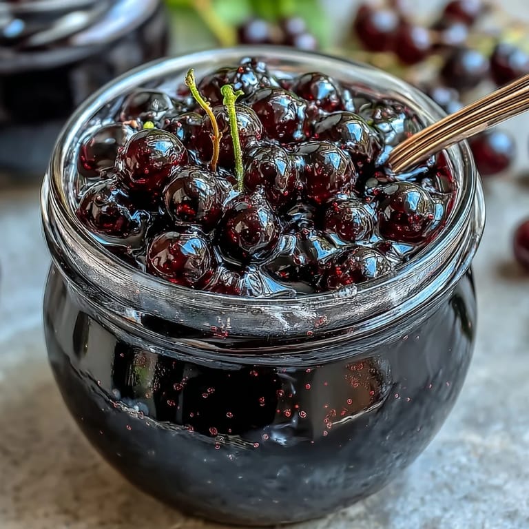 A jar of Black Currant Jelly being generously spread on a slice of buttered sourdough toast.