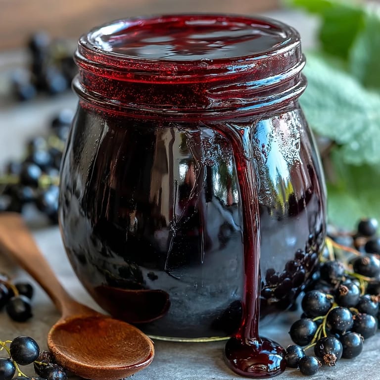 Freshly cooked Black Currant Syrup fills a sterilized glass jar, capturing the rich burgundy hue and natural jam-like texture from the fruit.
